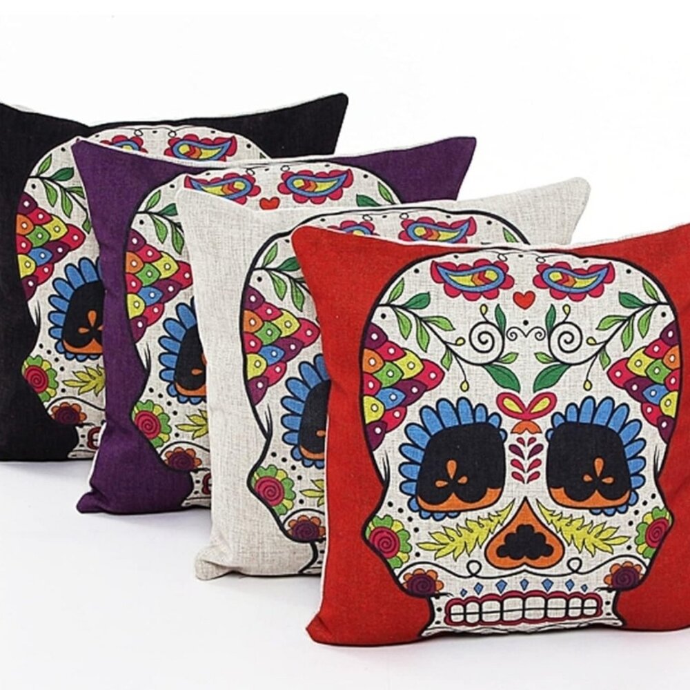 4 PCS Skull Throw Pillow Case Cushion Cover Colorful Floral